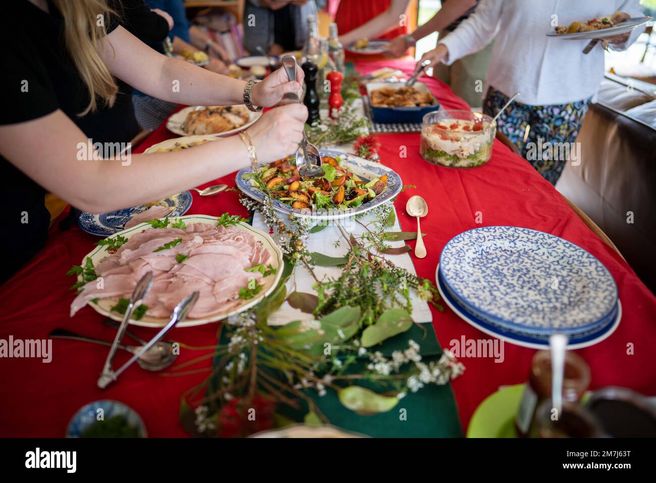 Australian christmas dinner buffet in summer time with the whole family in the holidays Stock