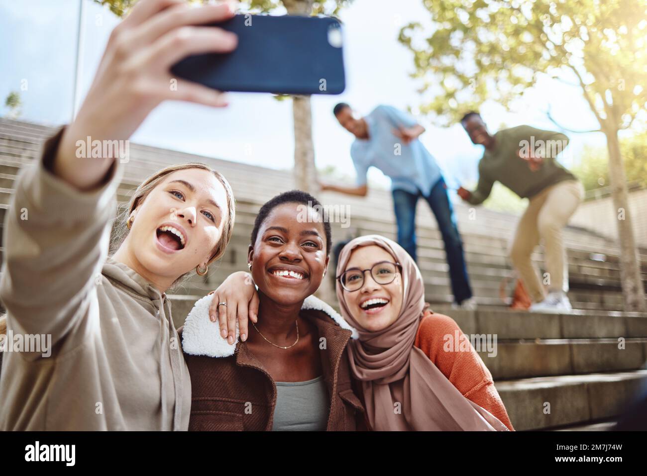 Diversity, happy women or phone selfie on college campus steps ...