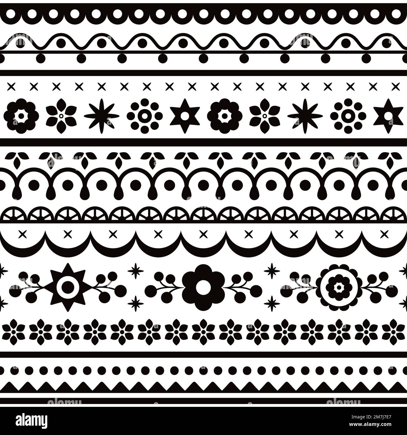 Polish floral folk art vector seamless textile pattern collections with flowers inspired by traditional highlanders embroidery Lachy Sadeckie in black Stock Vector
