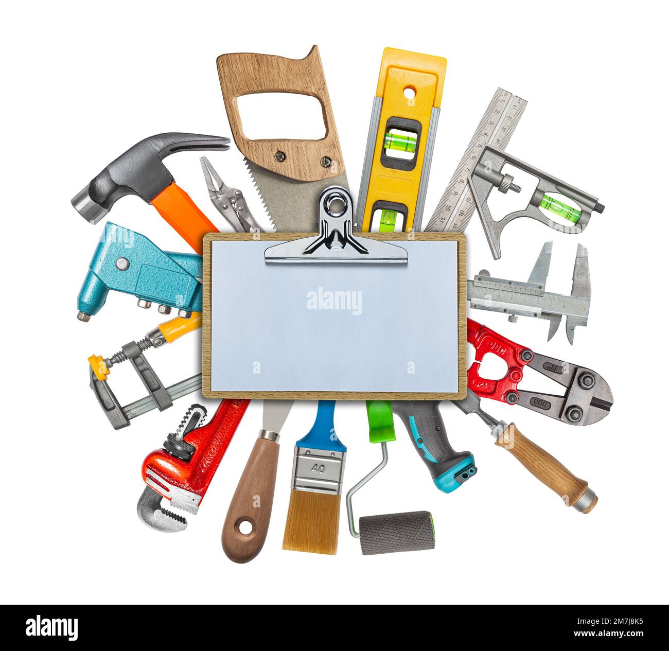 Set Of Various Construction Hand Working Tools Behind Clipboard With Copy Space Ssolated. DIY Hardware Store Equipment Stock Photo