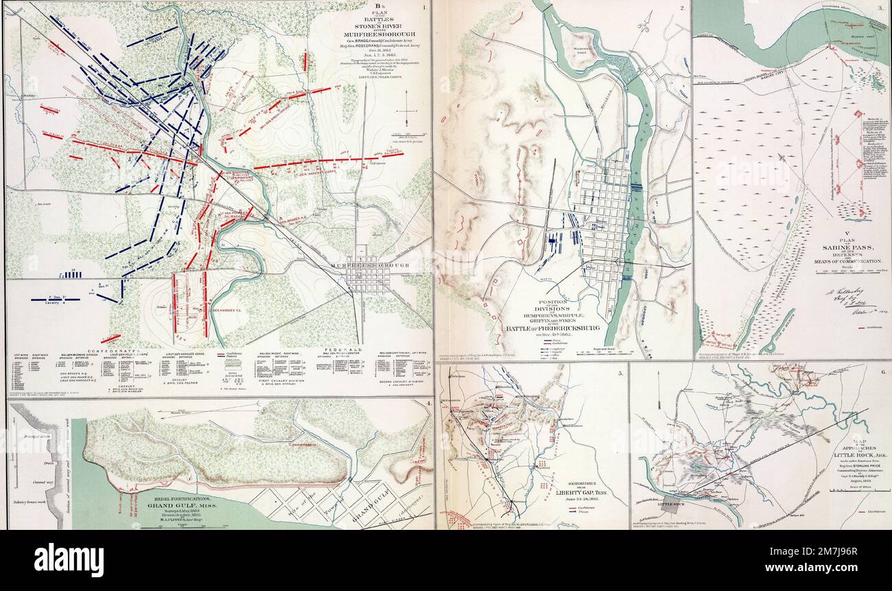 The old map of the battle of Fredericksburg on an Atlas indicating the course of the war Stock Photo