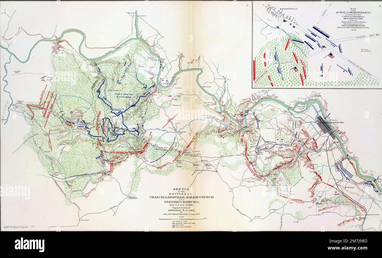 The old map of the battle of Chancellorsville and Fredericksburg on Atlas indicating the course of the war Stock Photo