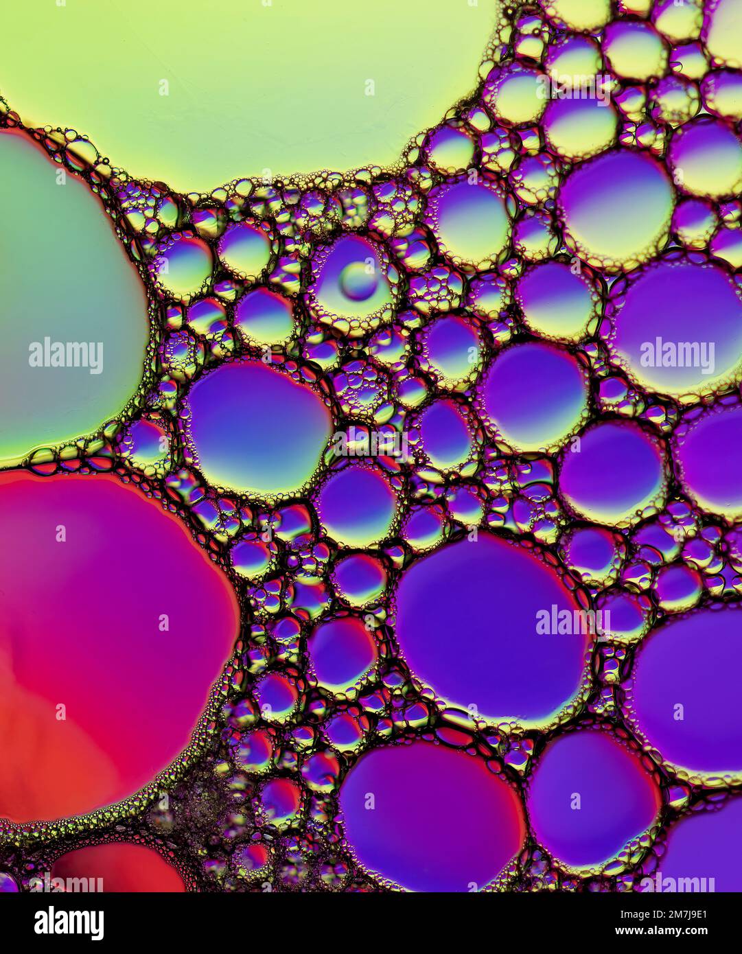 Colourful light diffraction patterns formed by oil droplets floating on water above a coloured background Stock Photo