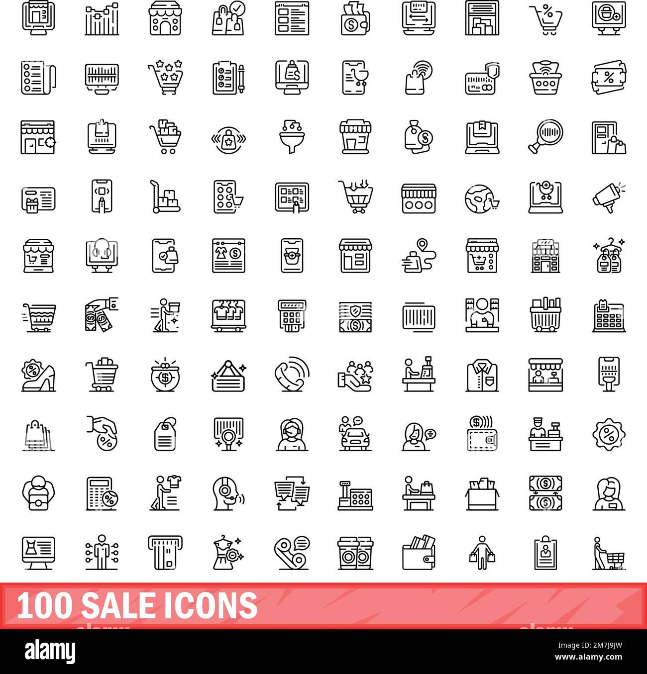 100 sale icons set. Outline illustration of 100 sale icons vector set isolated on white background Stock Vector