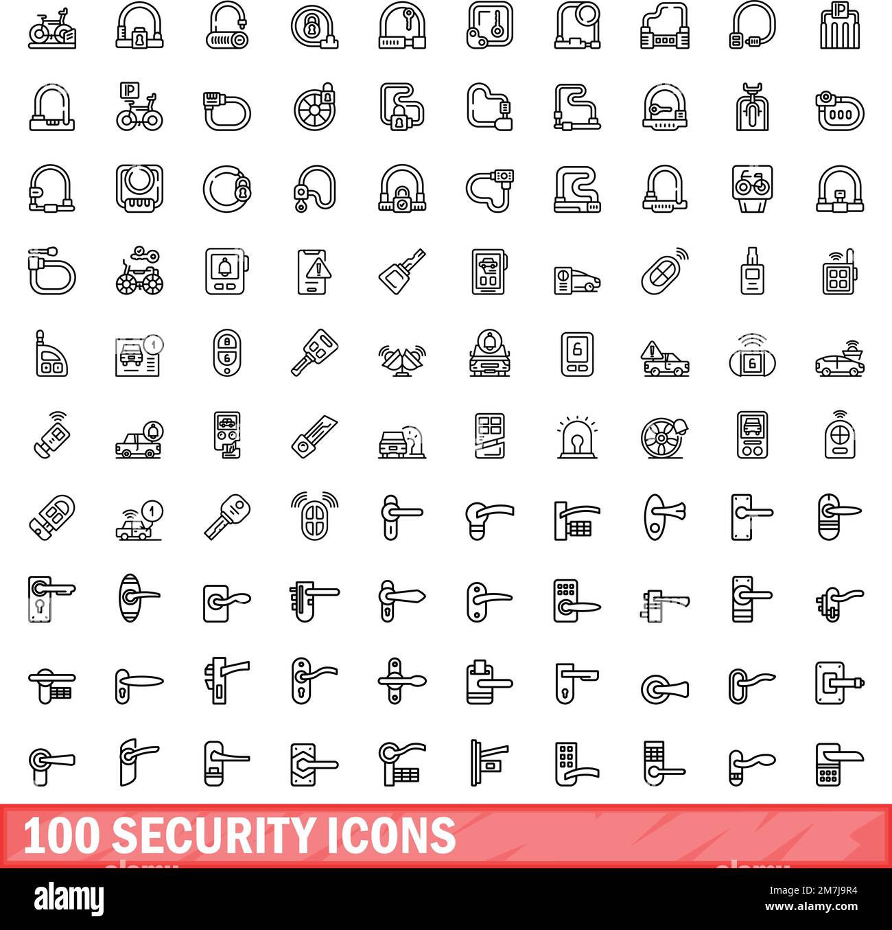 100 security icons set. Outline illustration of 100 security icons vector set isolated on white background Stock Vector