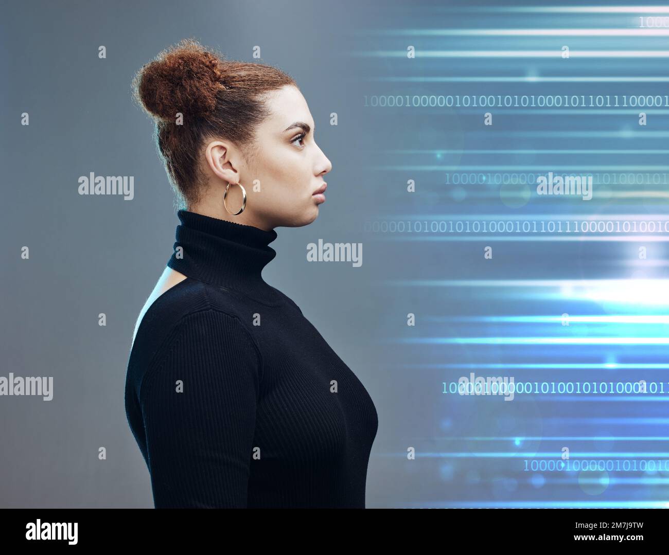 Woman, binary and cyberspace with a vision for future data, information or innovation in double exposure. Female cyberpunk in futuristic metaverse Stock Photo