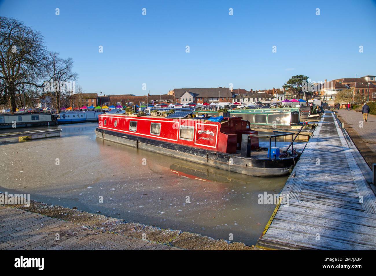Narrowboats in the Stratford-upon-Avon Canal  marina at the Warwickshire town of Stratford on Avon Stock Photo