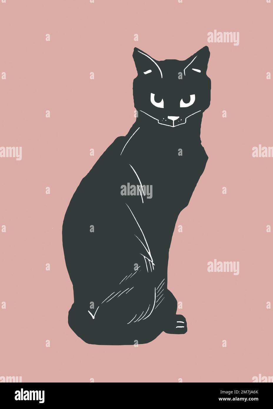 Black cat animal vector vintage linocut drawing Stock Vector Image