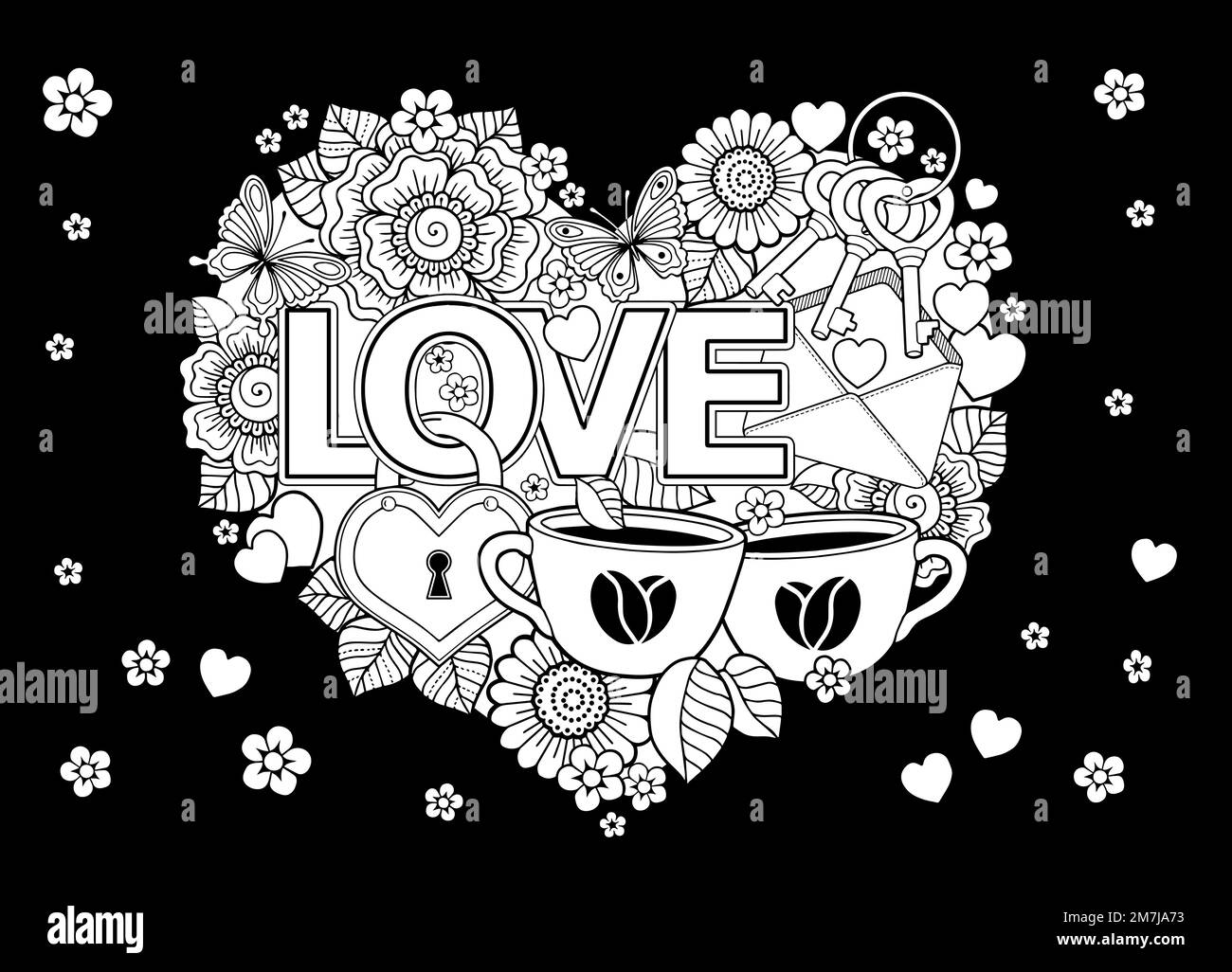 Floral pattern in the shape of a heart with a text love. Vector ...