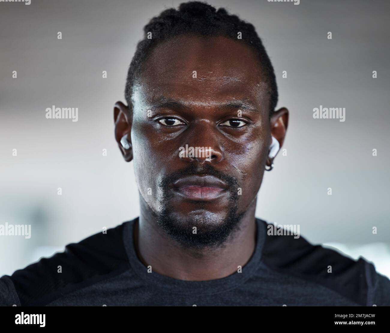 Black man, fitness portrait and music for exercise workout, cardio ...