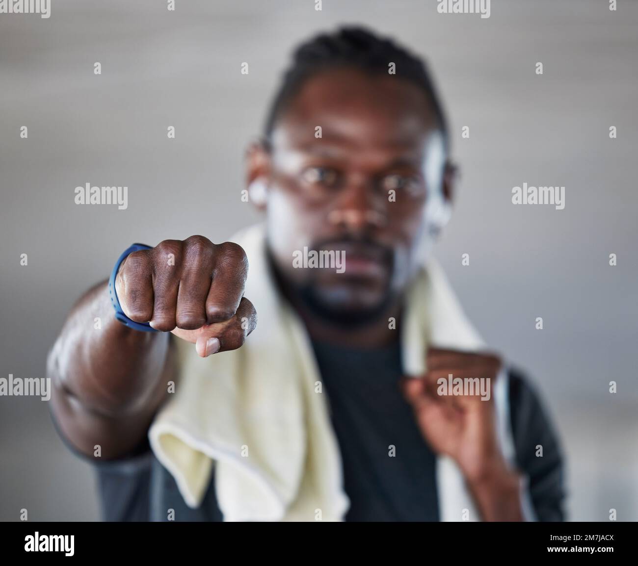 Fist, boxer and martial arts with black man and fitness, sports and