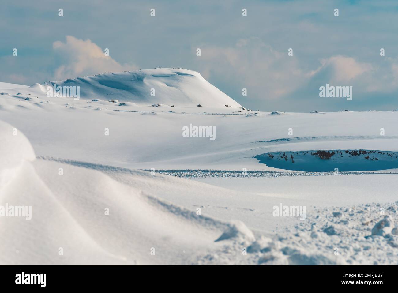 Snow-capped hills landscape in winter. Zlatibor mountain, Serbia. Stock Photo