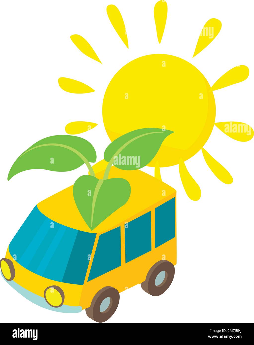 Eco transport icon isometric vector. Yellow car with green branch under sun icon. Alternative fuel, environmental protection Stock Vector