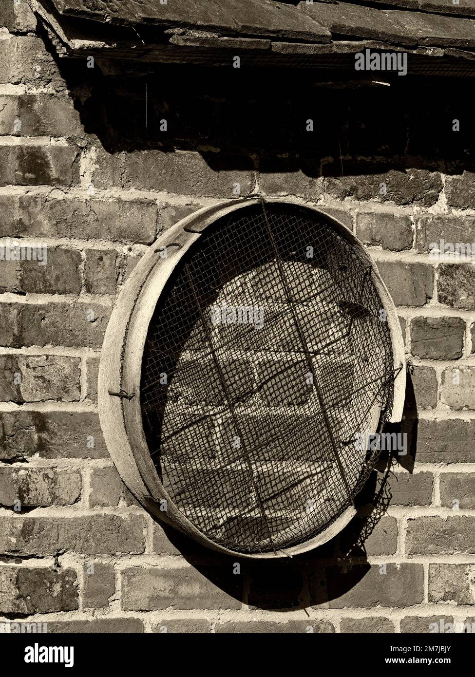 Black and white sepia toned image of an old fashioned garden riddle hanging on a brick wall Stock Photo