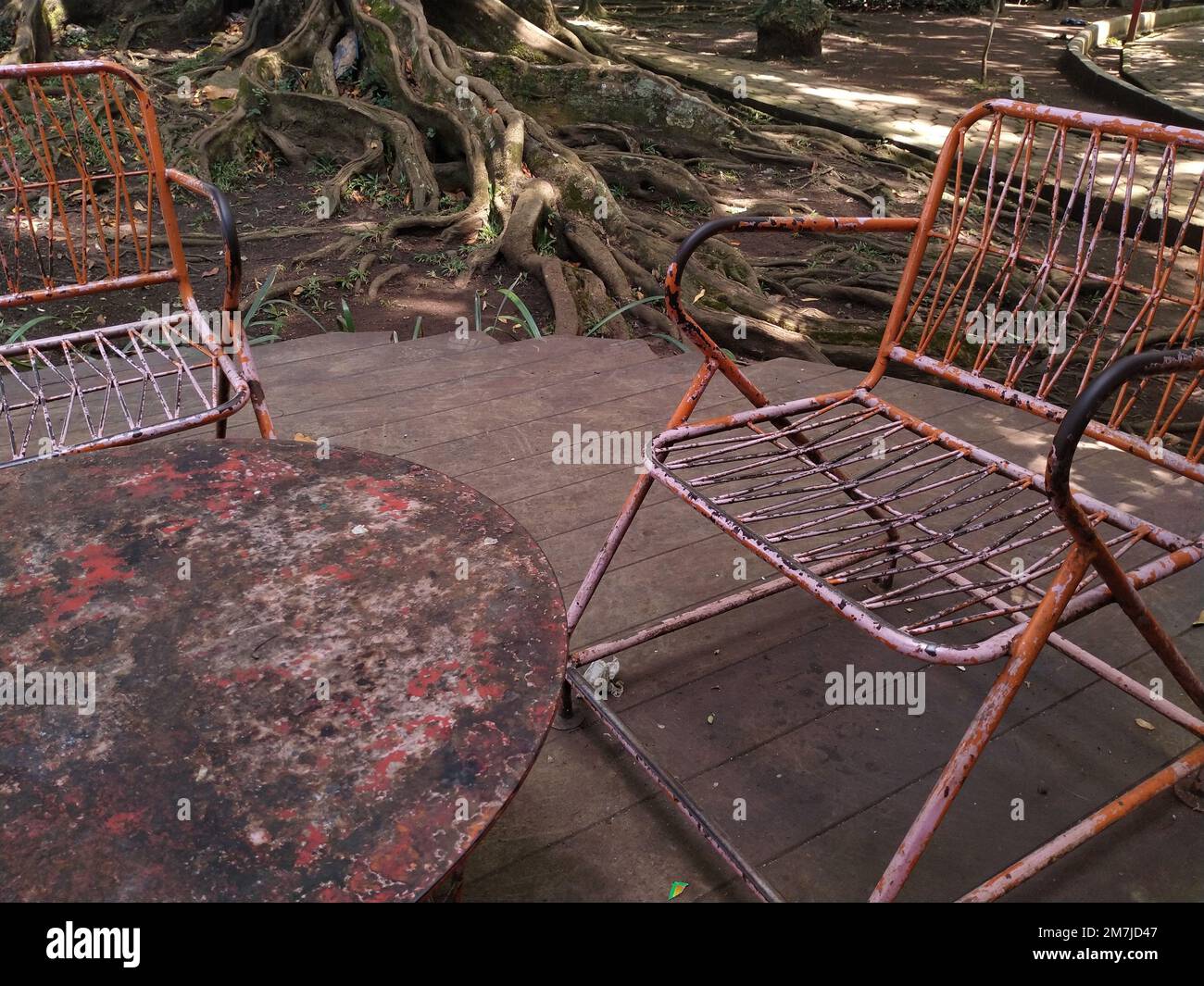 photo of a rusty metal chairs and table against the background of tree ...