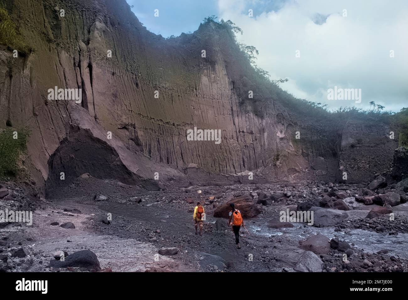 Trekking through volcanic landscape, Mount Pinatubo, Zambales, Luzon, Philippines Stock Photo