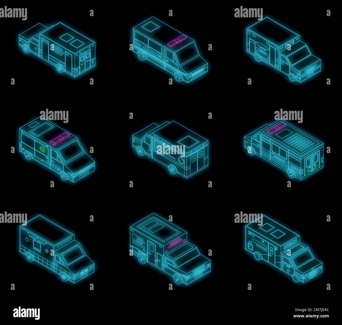 Ambulance icons set. Isometric set of ambulance vector icons neon ...