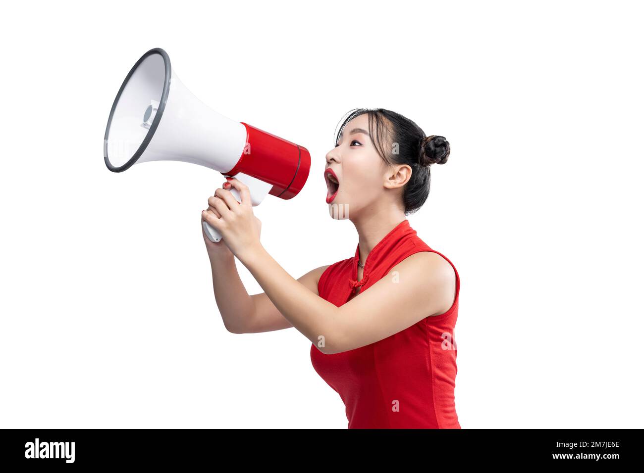 Asian Chinese woman in a cheongsam dress yelling something with a