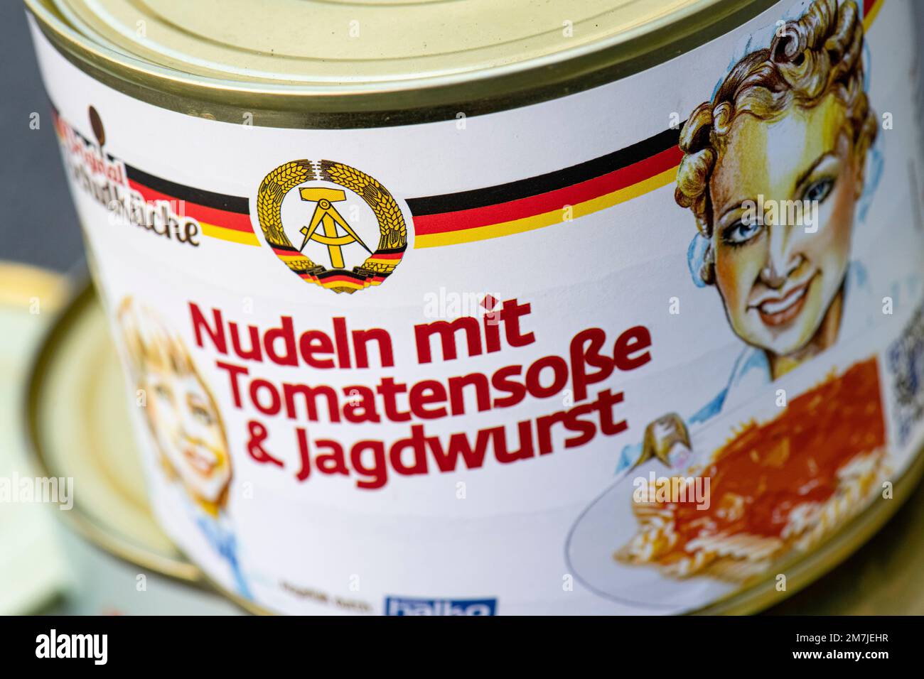 Berlin, Germany. 11th Aug, 2022. A can of 'Noodles with Tomato Sauce & Hunting Sausage' from the Halko company with the national emblem of the German Democratic Republic is on the floor. Credit: Fabian Sommer/dpa/Alamy Live News Stock Photo