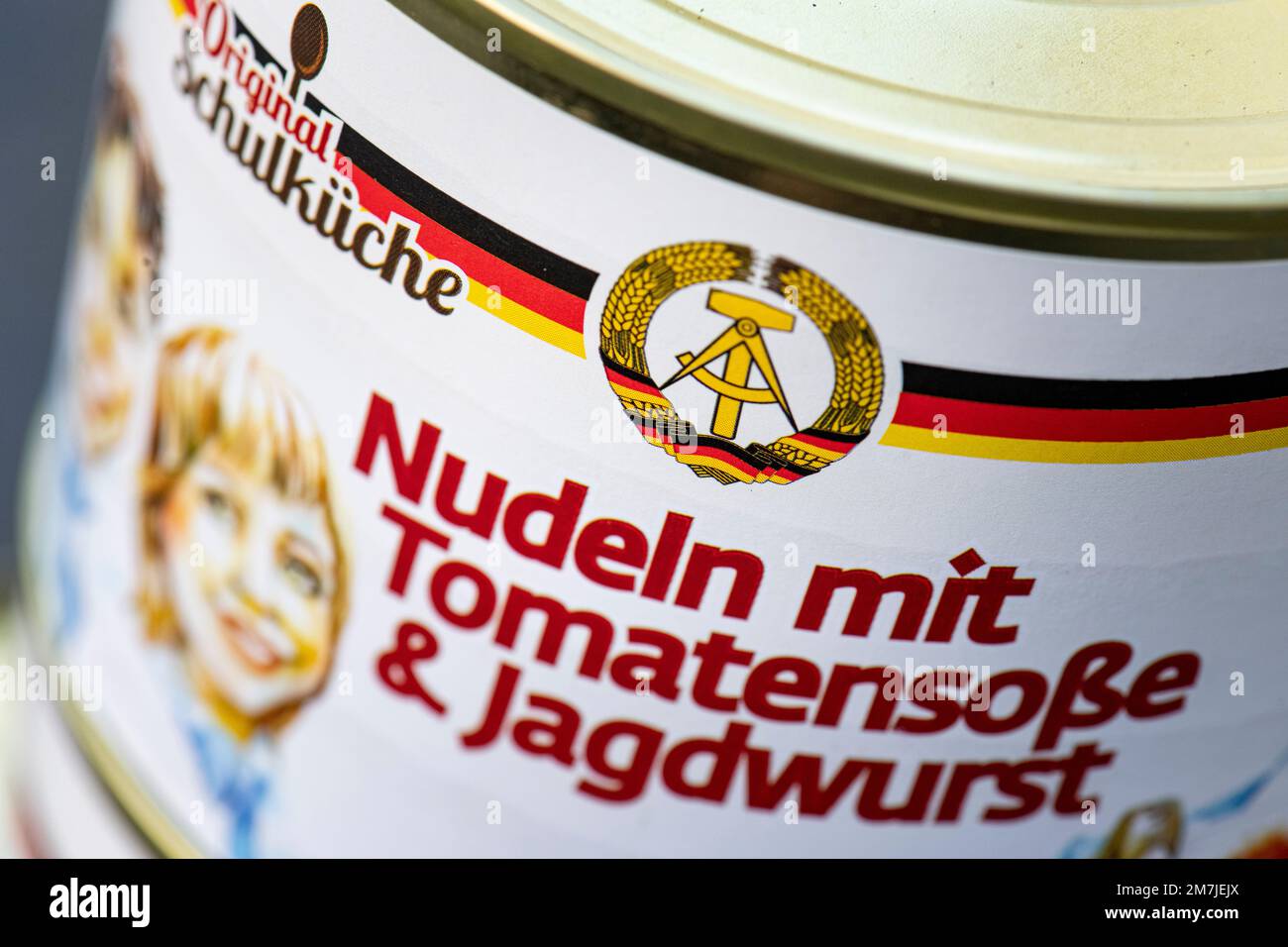 Berlin, Germany. 11th Aug, 2022. A can of 'Noodles with Tomato Sauce & Hunting Sausage' from the Halko company with the national emblem of the German Democratic Republic is on the floor. Credit: Fabian Sommer/dpa/Alamy Live News Stock Photo
