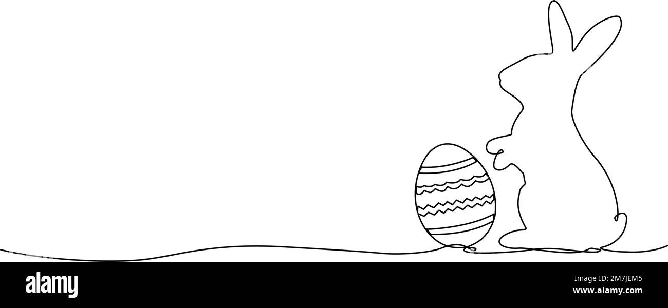 continuous single line drawing of easter bunny with decorated egg, line art vector illustration Stock Vector