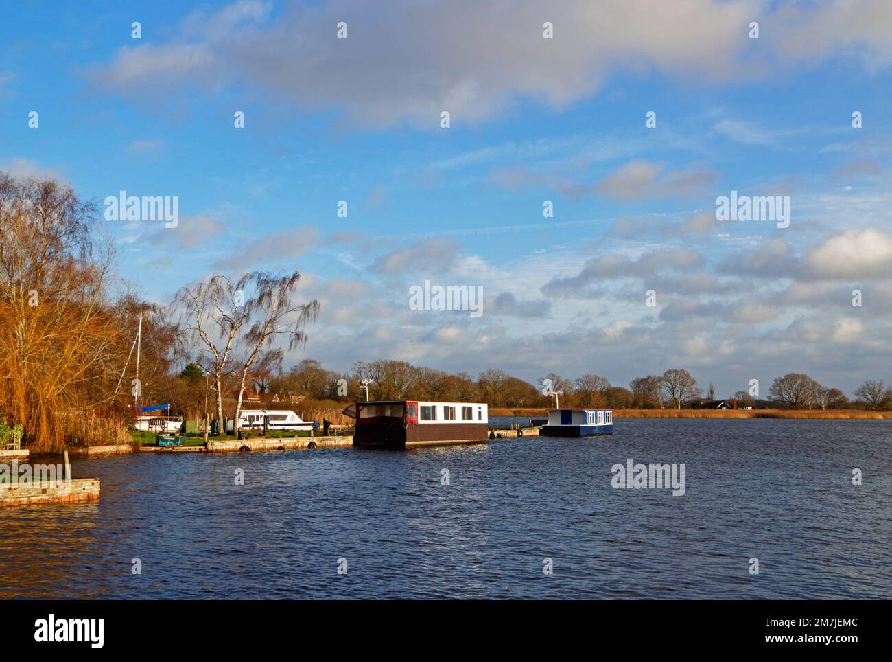 A sunny winter day by the edge of Hickling Broad by Pleasure Boat Dyke on the Norfolk Broads at Hickling, Norfolk, England, United Kingdom. Stock Photo