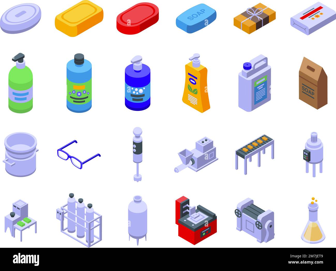Soap production icons set isometric vector. Chemical industry. Powder