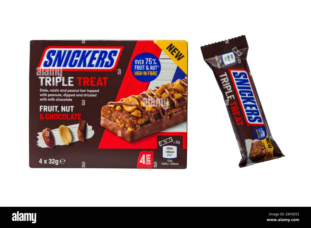 Snickers Triple Treat Fruit, Nut & Chocolate date raisin and peanut bar topped with peanuts, dipped and drizzled with milk chocolate isolated on white Stock Photo