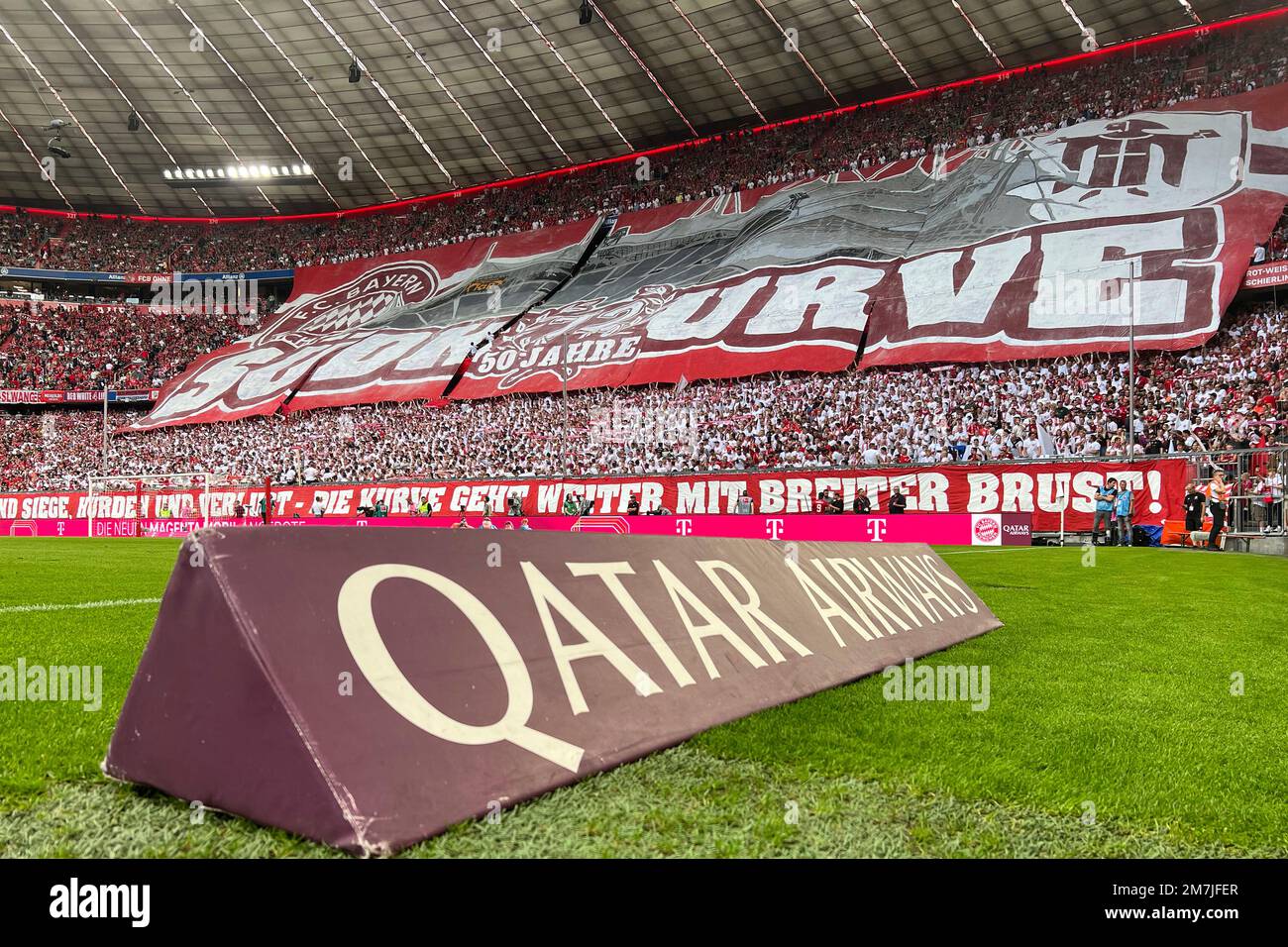 Despite criticism: FC Bayern Munich wants to extend sponsorship with Qatar  Airways. ARCHIVE PHOTO; Bayern fans, football fans, chic people, celebrate  50 years of the south curve, choreography, anniversaries, front is an