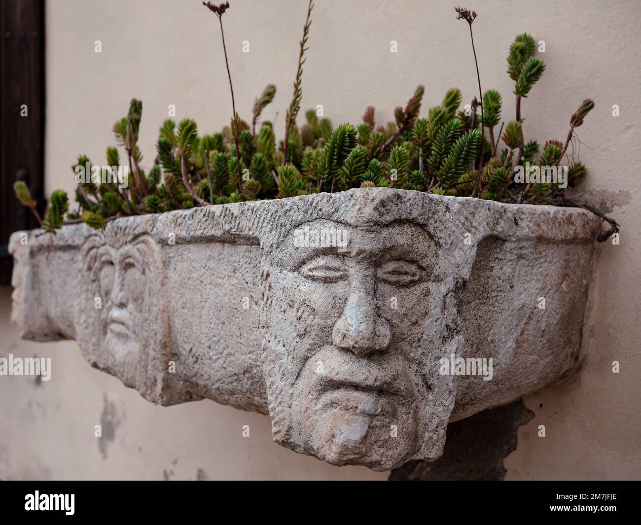 Old traditional flower box on stone decorated. Original box for green