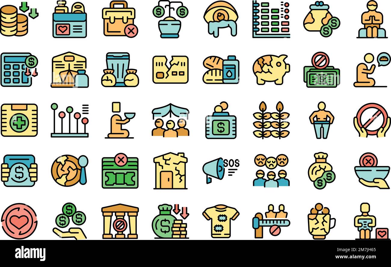 Poverty icons set outline vector. Volunteer charity. Donate help color flat Stock Vector