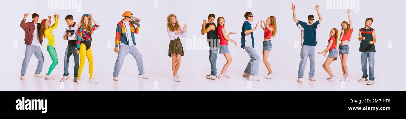 Group of young, cheerful people wearing 80s, 90s fashion style clothes  dancing isolated over grey background. Disco party. Concept of youth, retro  Stock Photo - Alamy