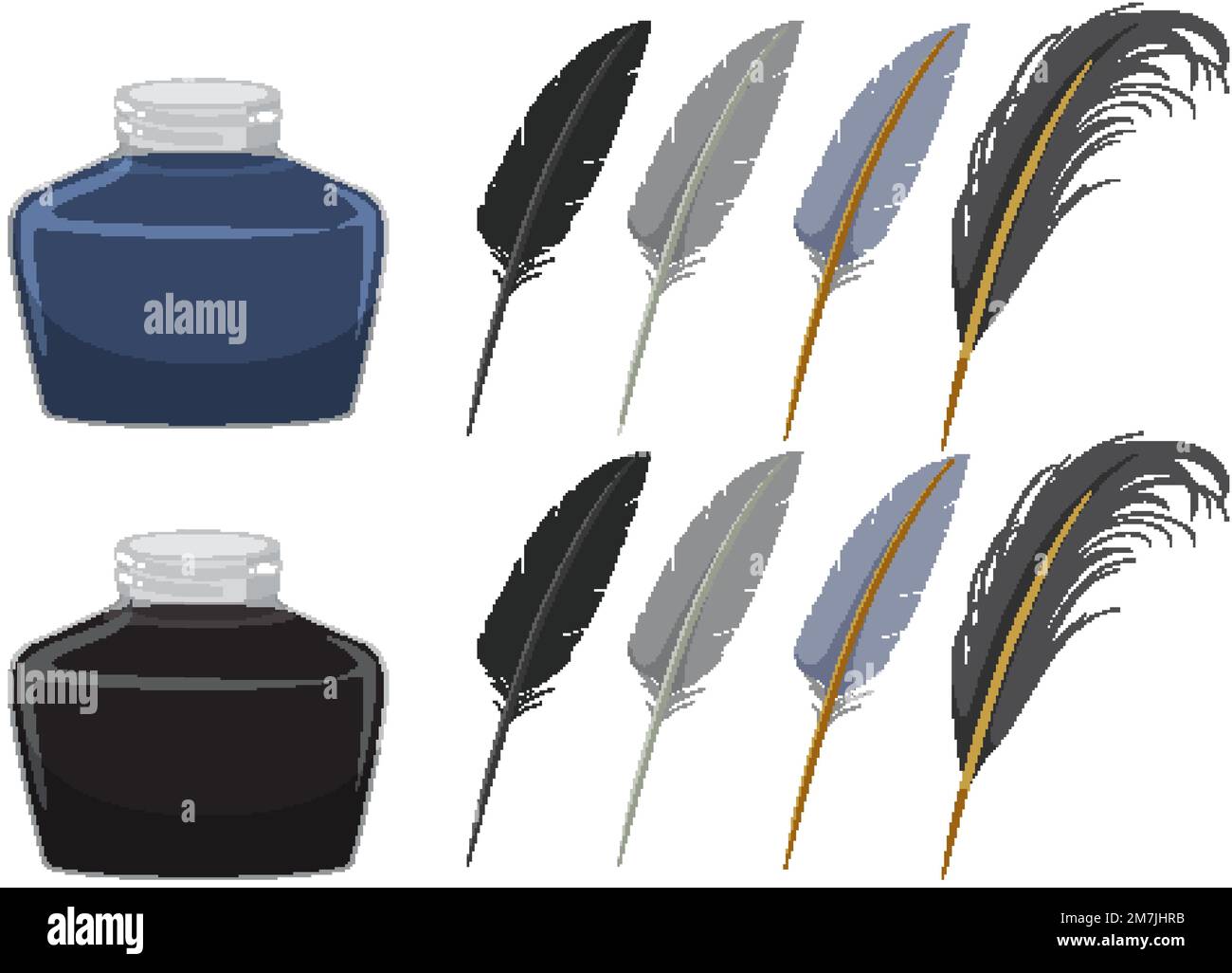 Black and blue inks with feather pen quills illustration Stock Vector