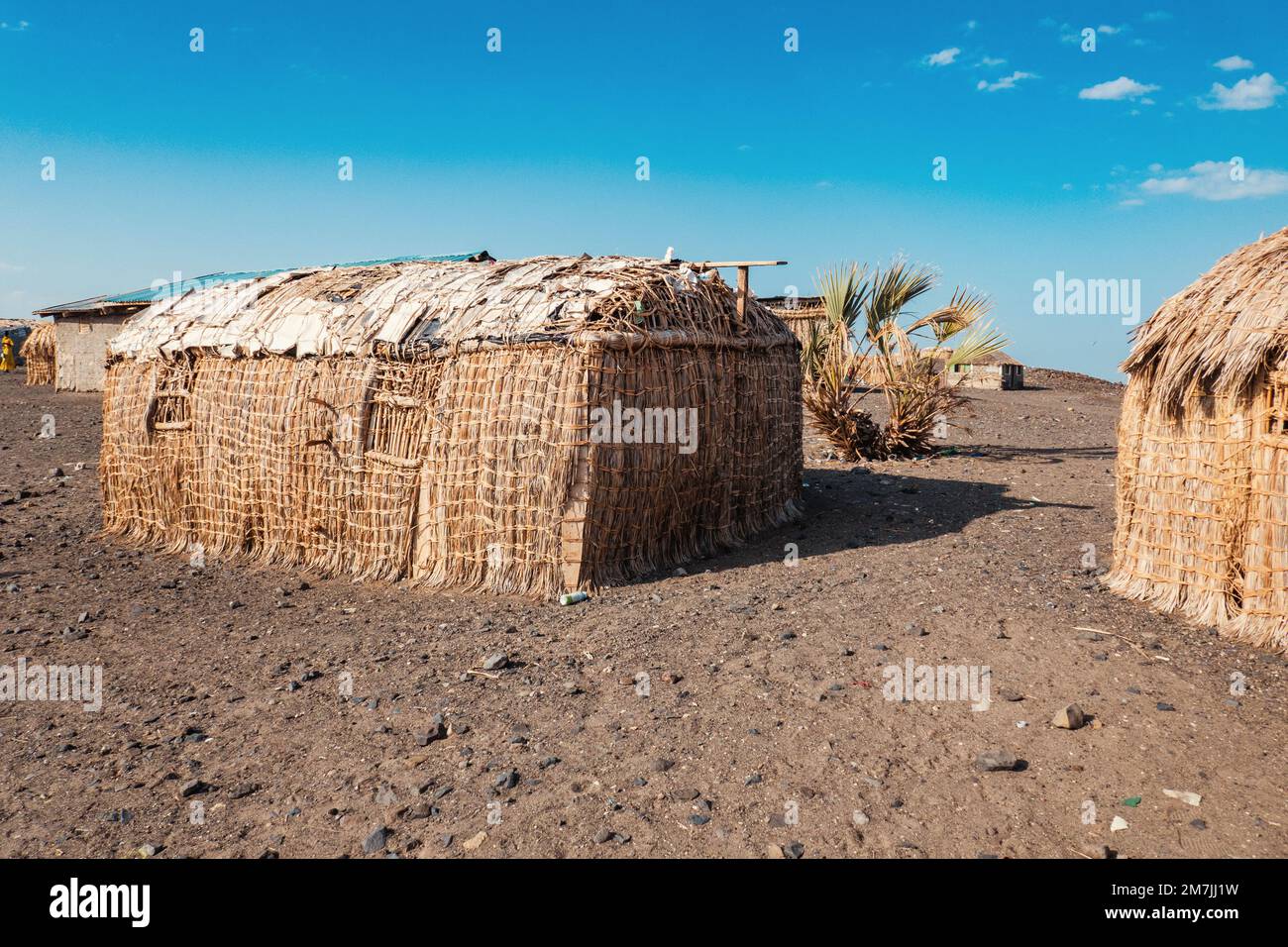 Traditional houses of the El Molo people in El Molo village living at the shores of Lake Turkana, Kenya Stock Photo