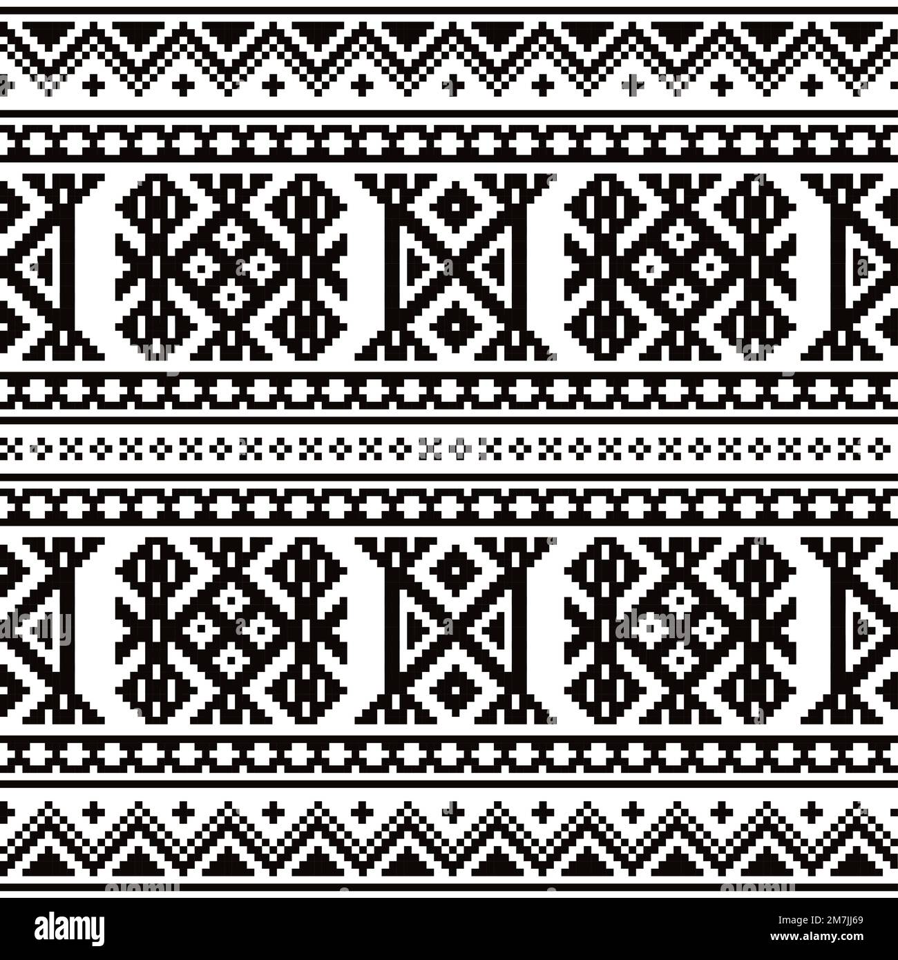 Sami folk art vector seamless pattern, retro design styled as traditional cross-stitch ornament from Lapland in black and white Stock Vector