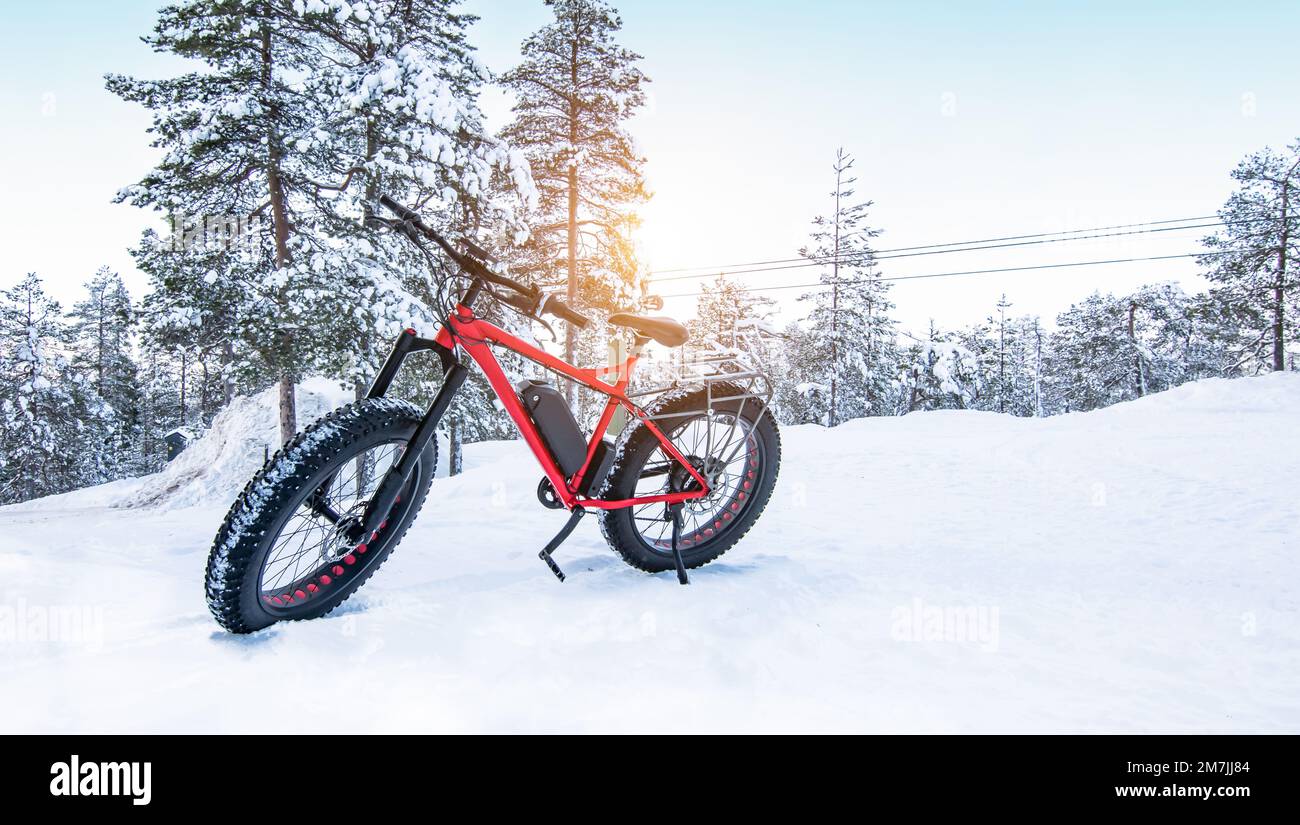 Fat bike in the snow. Adventure winter sports. Stock Photo