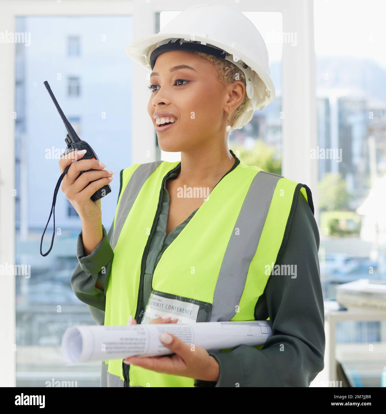 Construction, walkie talkie and portrait of black woman with blueprint ...