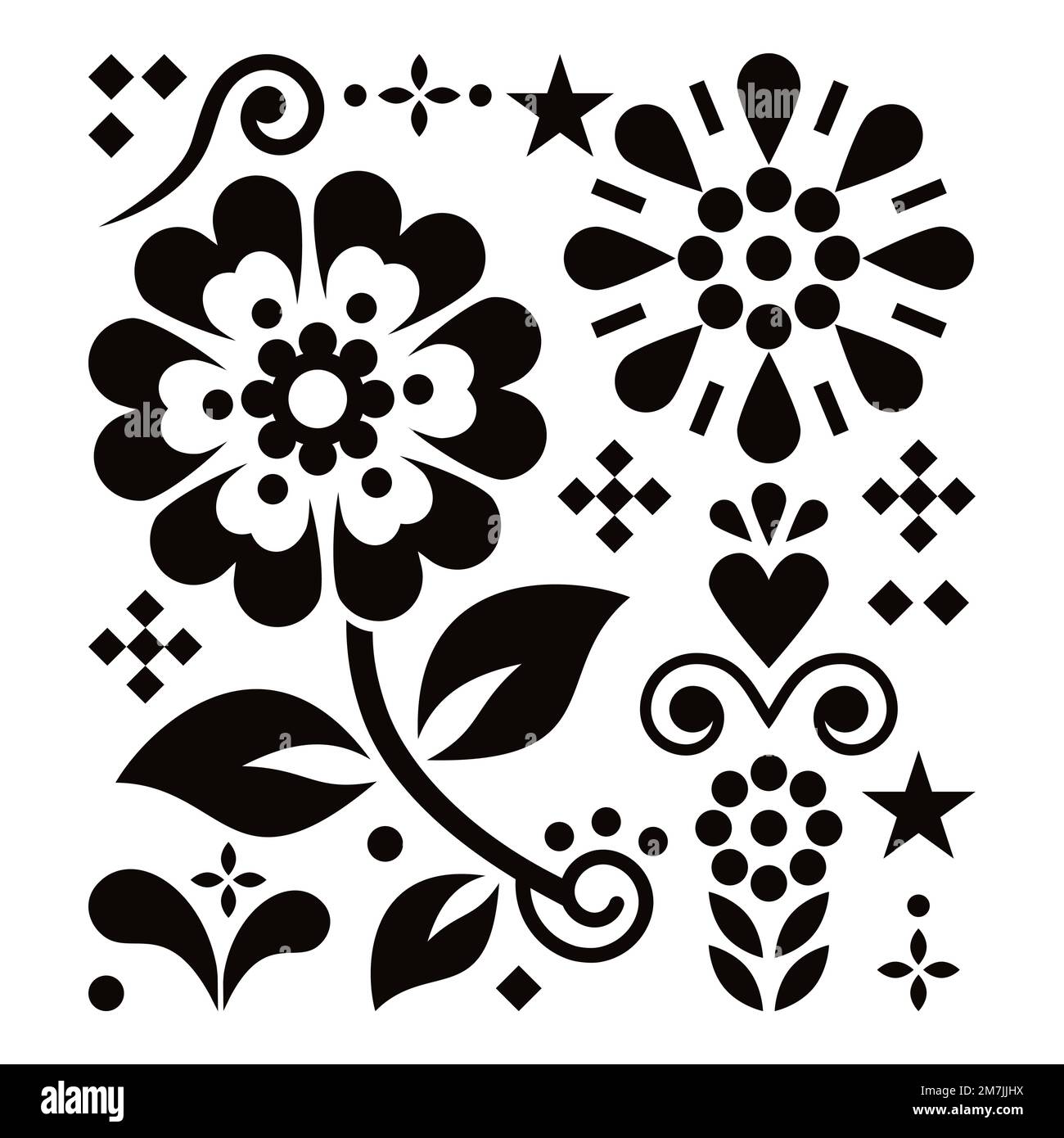 Mexican traditional folk art vector geometric pattern with flowers and leaves, inspired by designs from Mexico in black and white Stock Vector