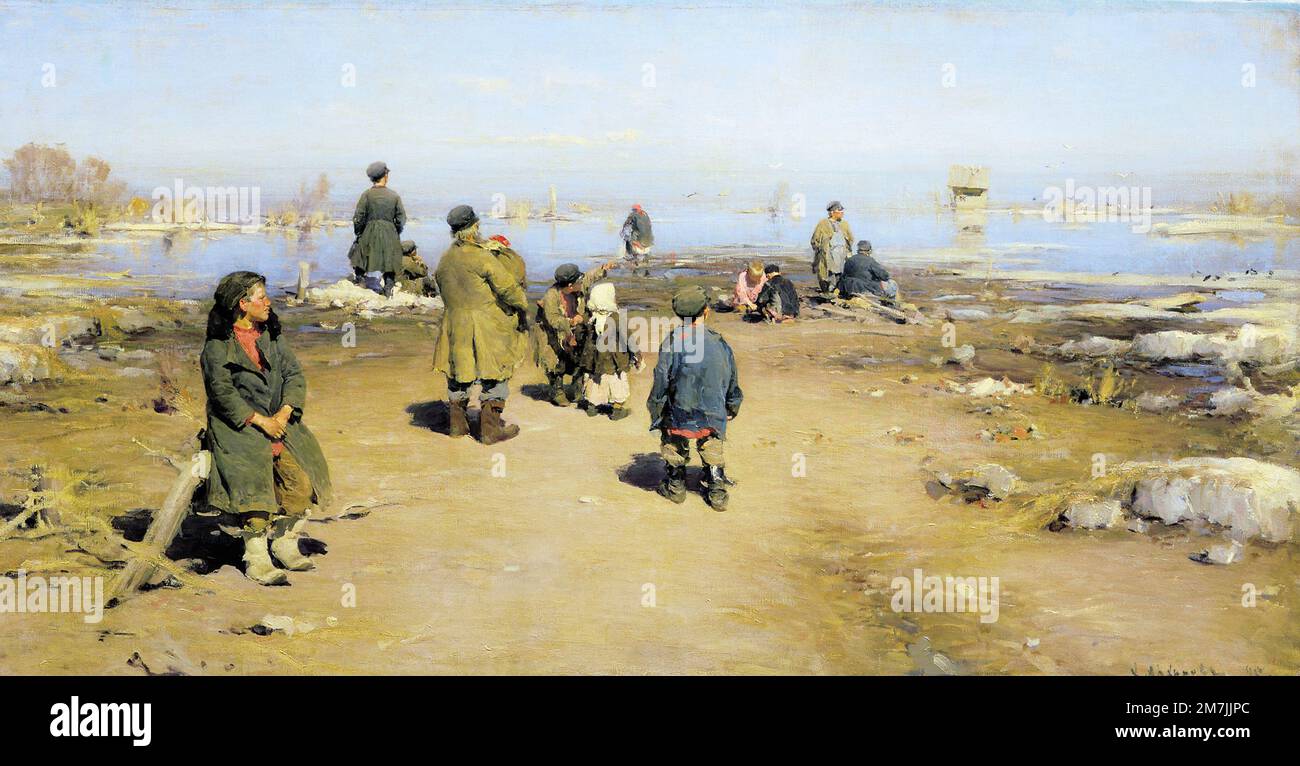 Abram Arkhipov- The Ice has Gone - 1895 - Spring has come and the hardships of winter are over. Stock Photo