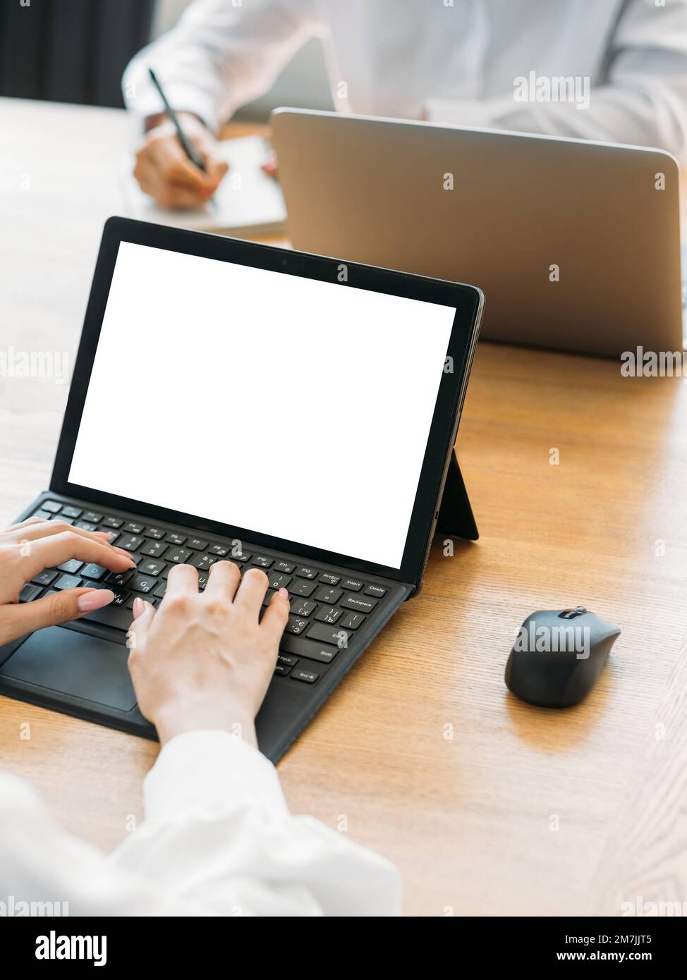 office work typing woman computer mockup Stock Photo