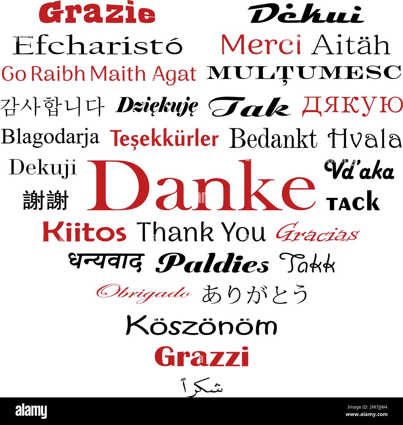 Thank you in Worldwide languages. Vector lettering in Heart shape. White back. German Danke and