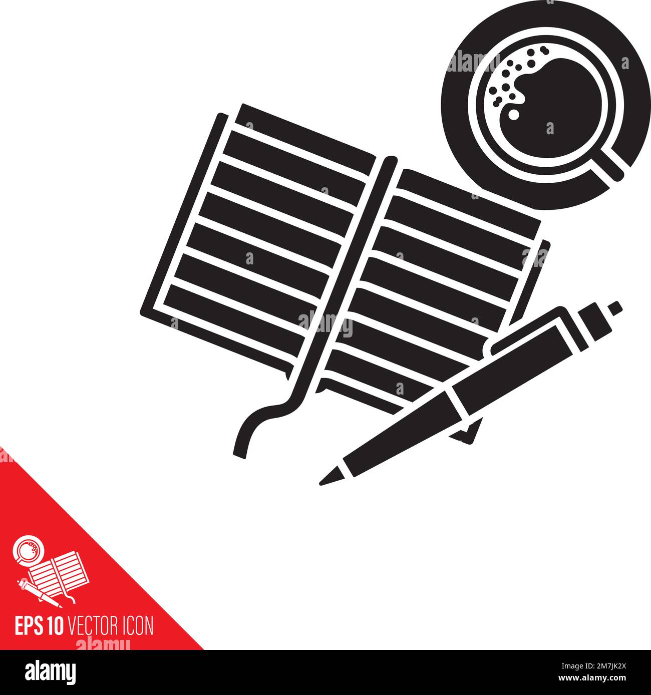 Notebook and ball-point pen vector glyph icon. Creativity concept symbol. Stock Vector