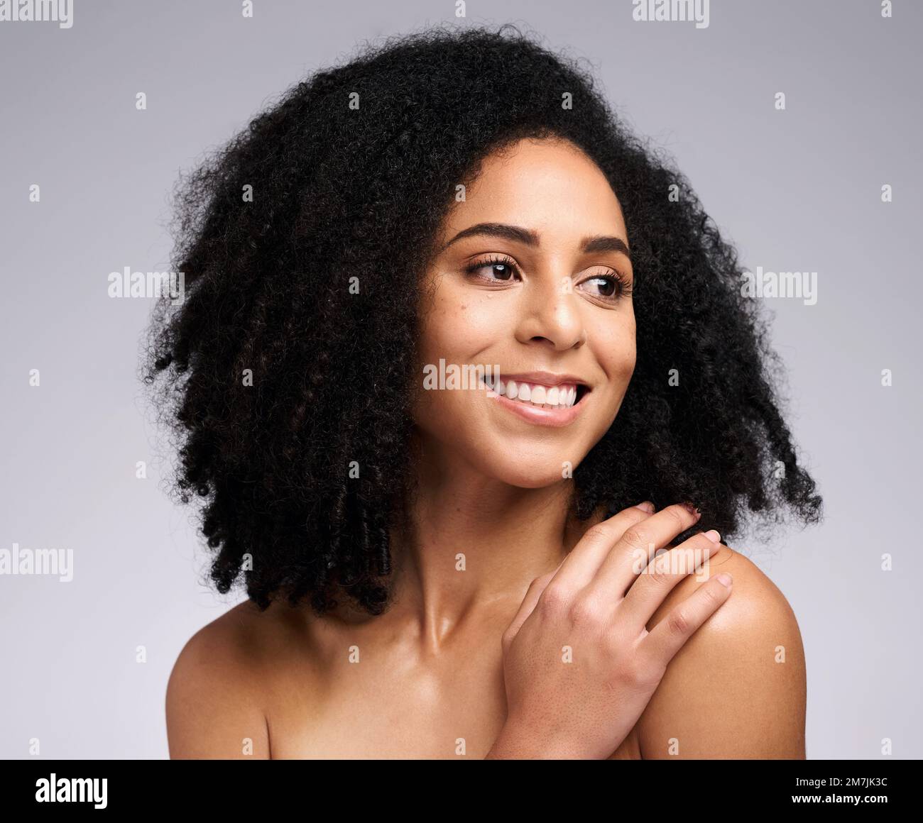 Clean Afro Beauty, hair and happy black woman with afro hair care, clean shampoo ...