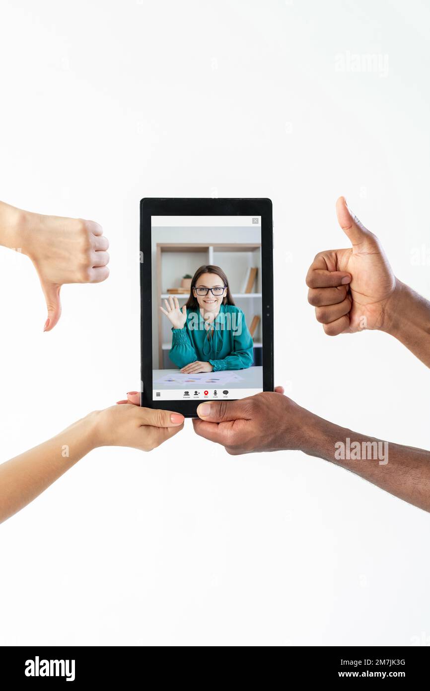 online feedback video interview hands woman tablet Stock Photo