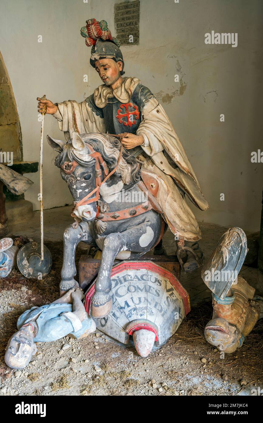 Wood sculpture representing a Spanish christian knight fighting against the Moors, Santa Maria de Valdedios monastery, Villaviciosa, Asturias, Spain Stock Photo