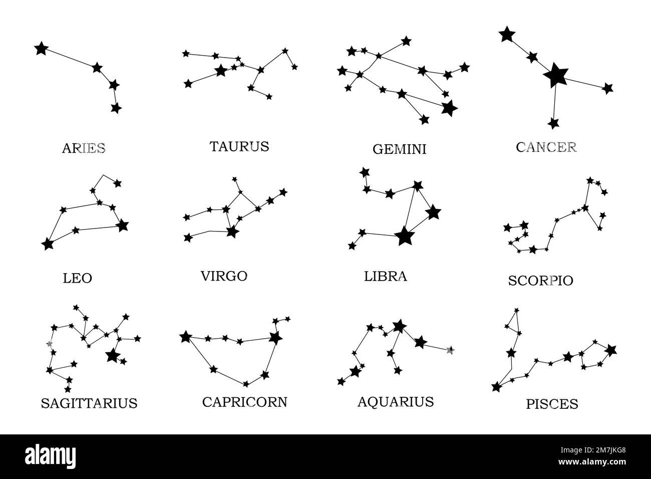 Set of zodiac signs Aries, Taurus, Leo, Gemini, Virgo, Scorpio, Libra, Aquarius, Sagittarius, Pisces, Capricorn, Cancer. Vector illustration Stock Vector