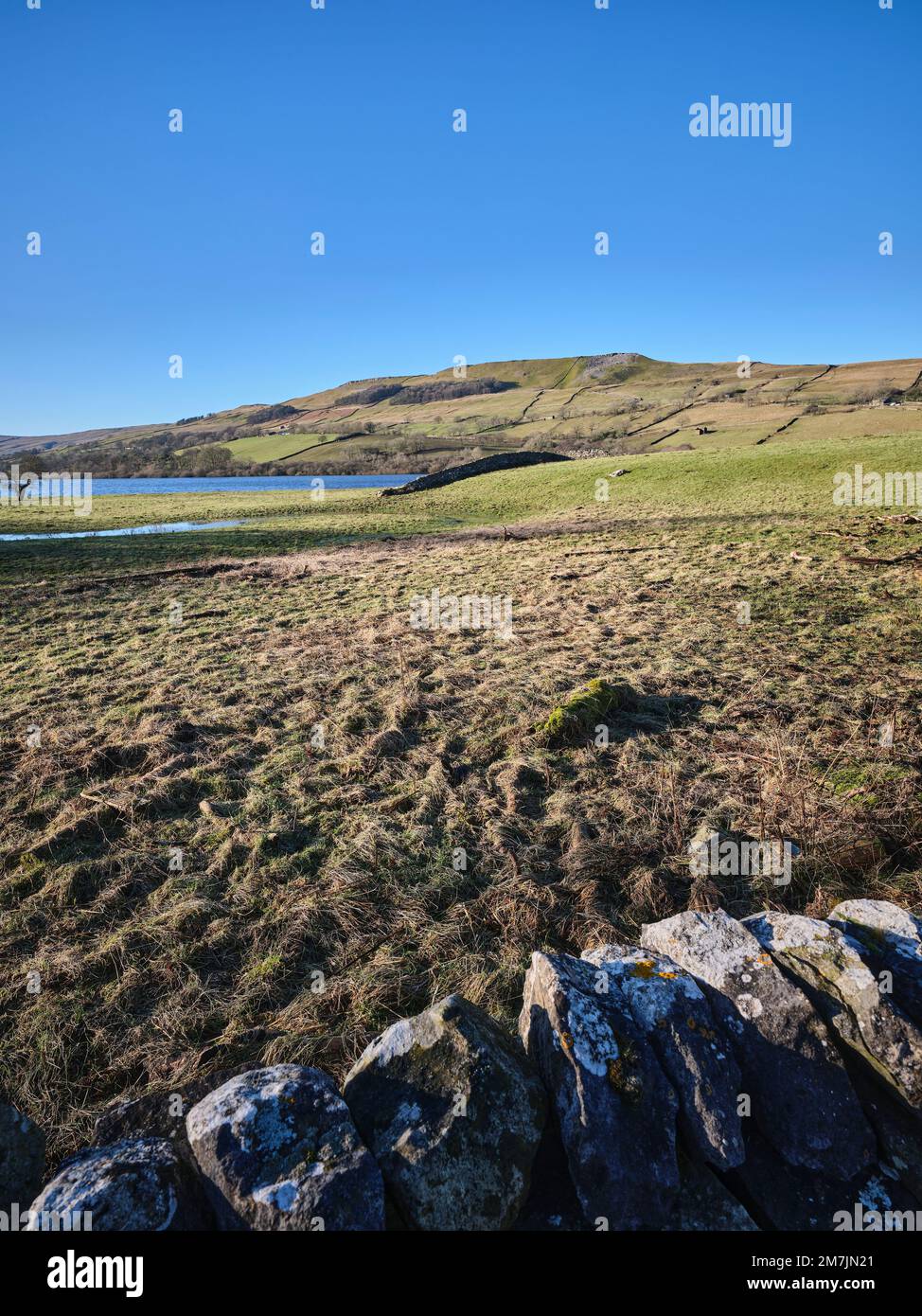From the northern shore of Semerwater, looking north west towards Green Scar Mire Crag. Raydale. North Yorkshire Stock Photo