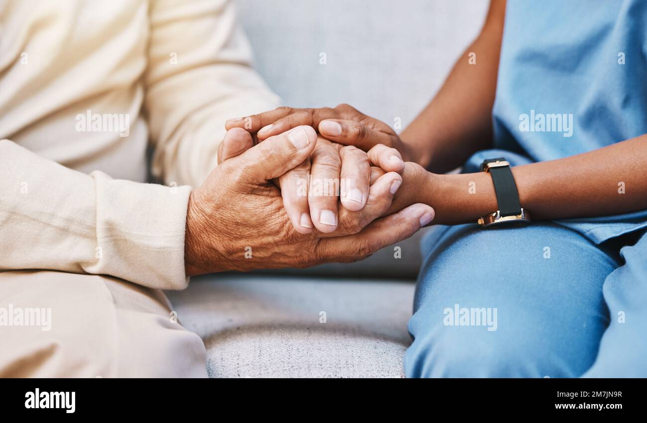 Nurse, hands and senior patient in empathy, safety and support of help, trust and healthcare consulting. Nursing home, counseling and gratitude for Stock Photo