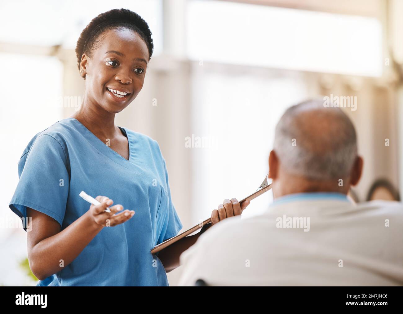 Consulting, medical and checklist with old man and nurse for retirement