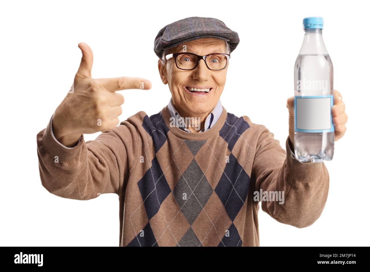 Happy elderly man holding a plastic bottle of water and pointing